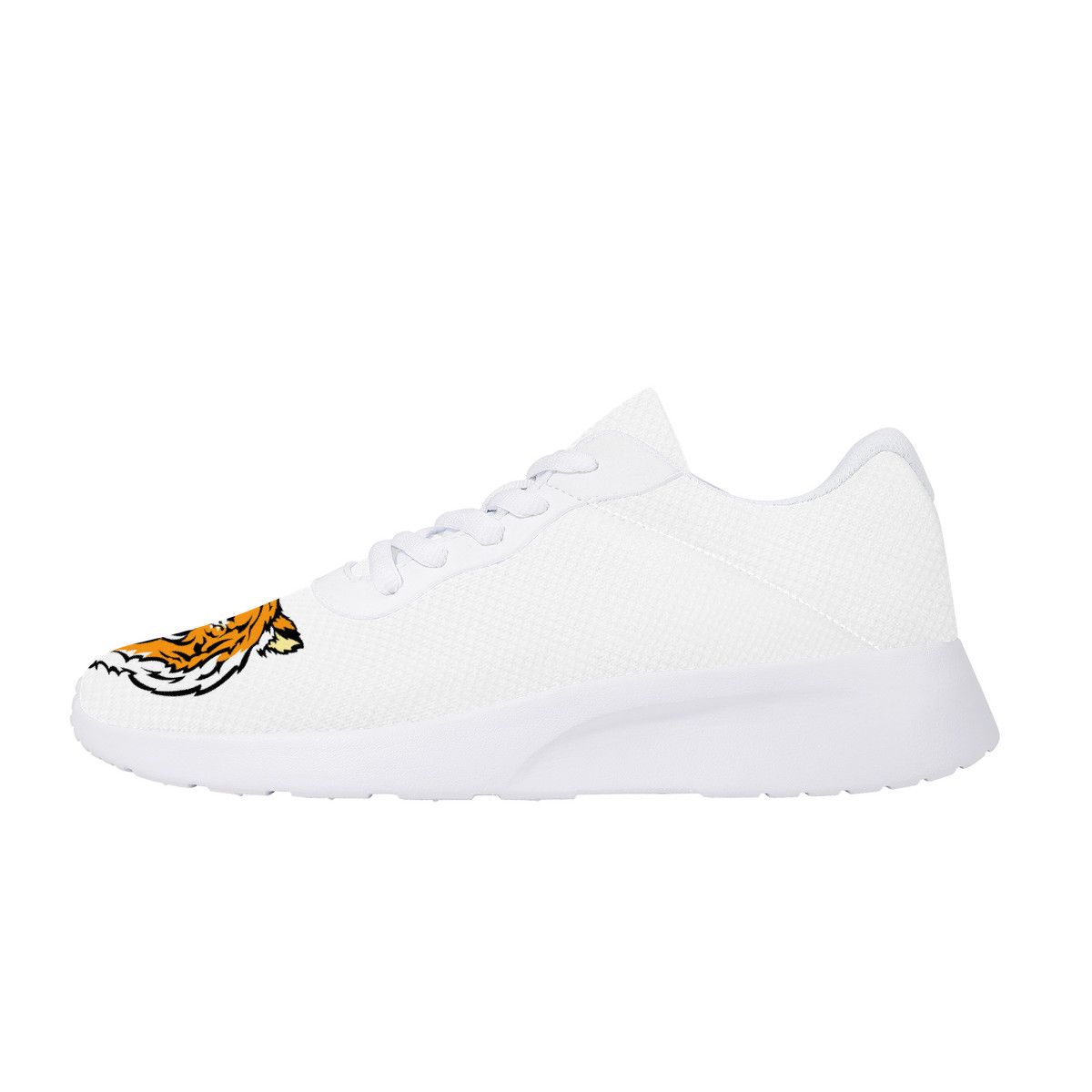 All-White Mesh Sneakers with Fierce Tiger Head Emblems