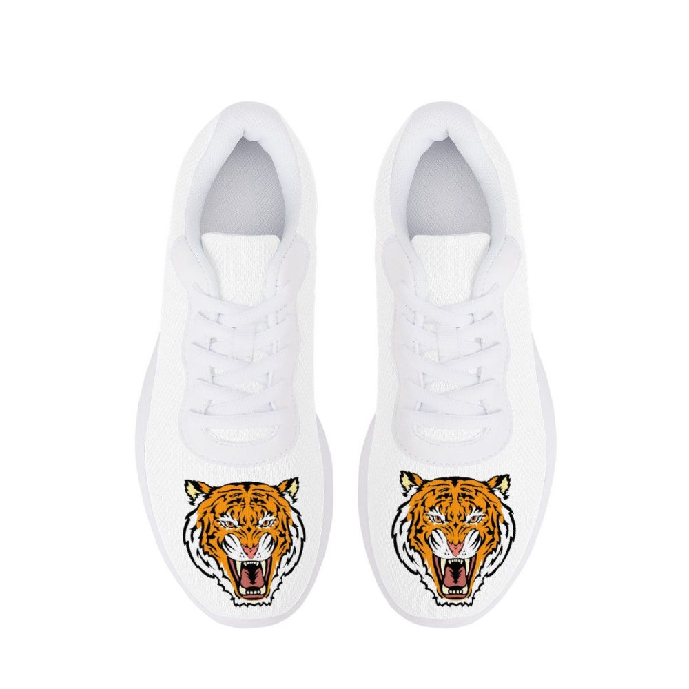 All-White Mesh Sneakers with Fierce Tiger Head Emblems