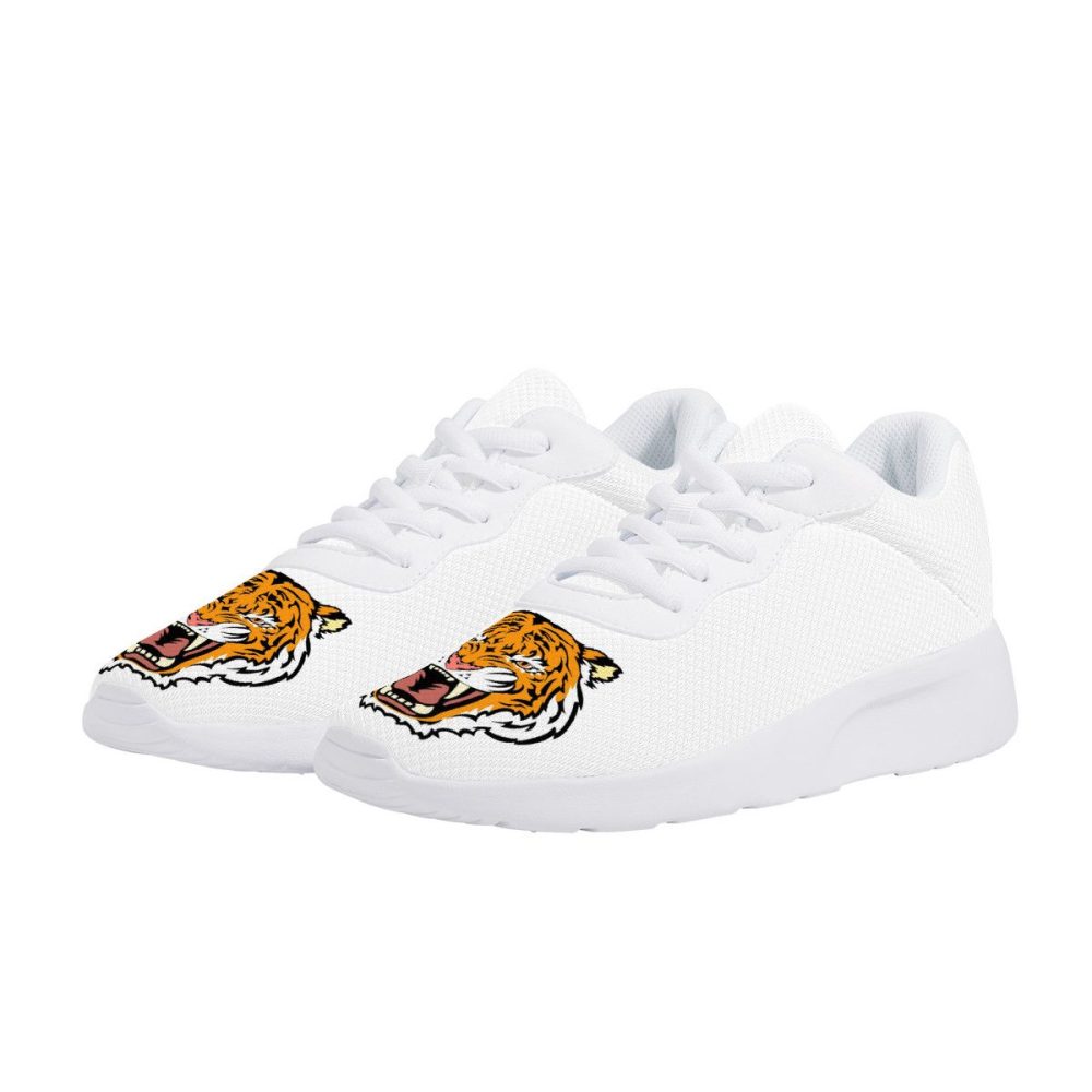 All-White Mesh Sneakers with Fierce Tiger Head Emblems