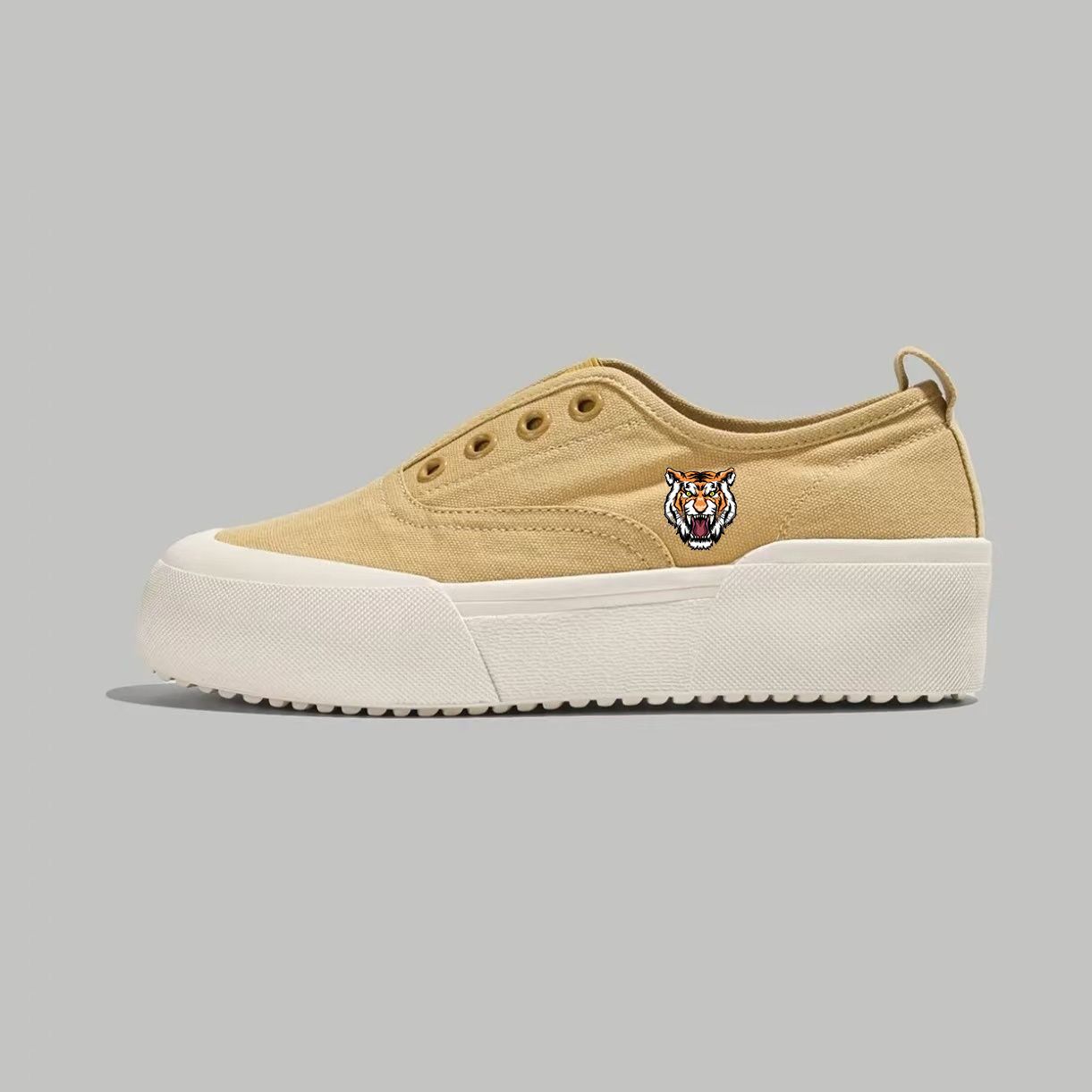 Beige Slip-On Platform Sneakers with Fierce Tiger Emblem