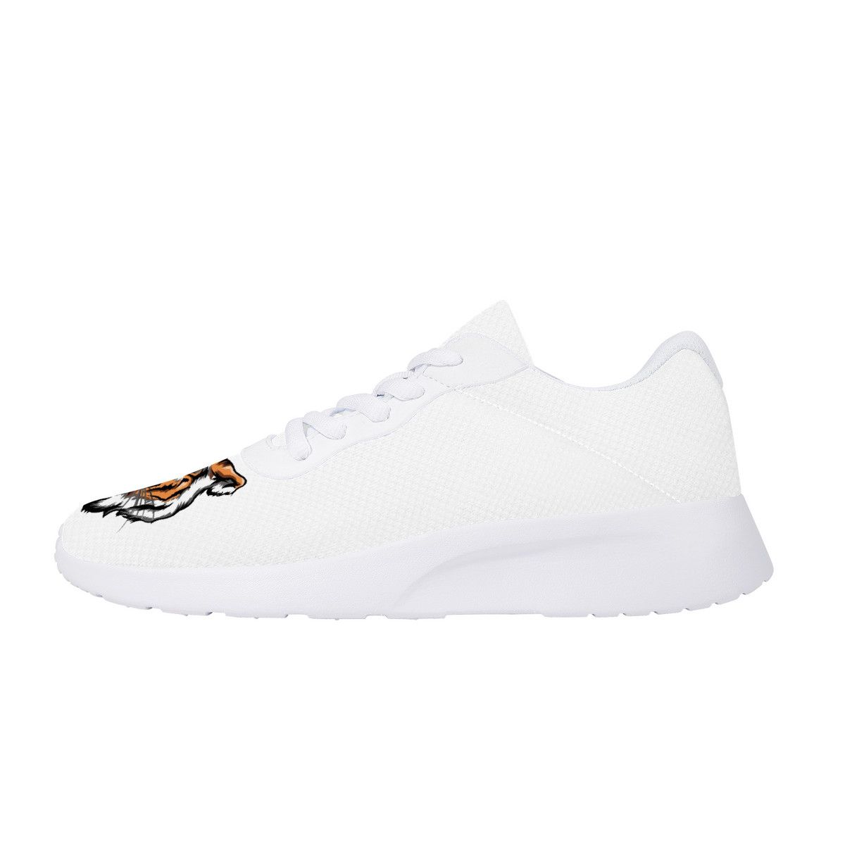 All-White Mesh Sneakers with Fierce Tiger Head Graphics
