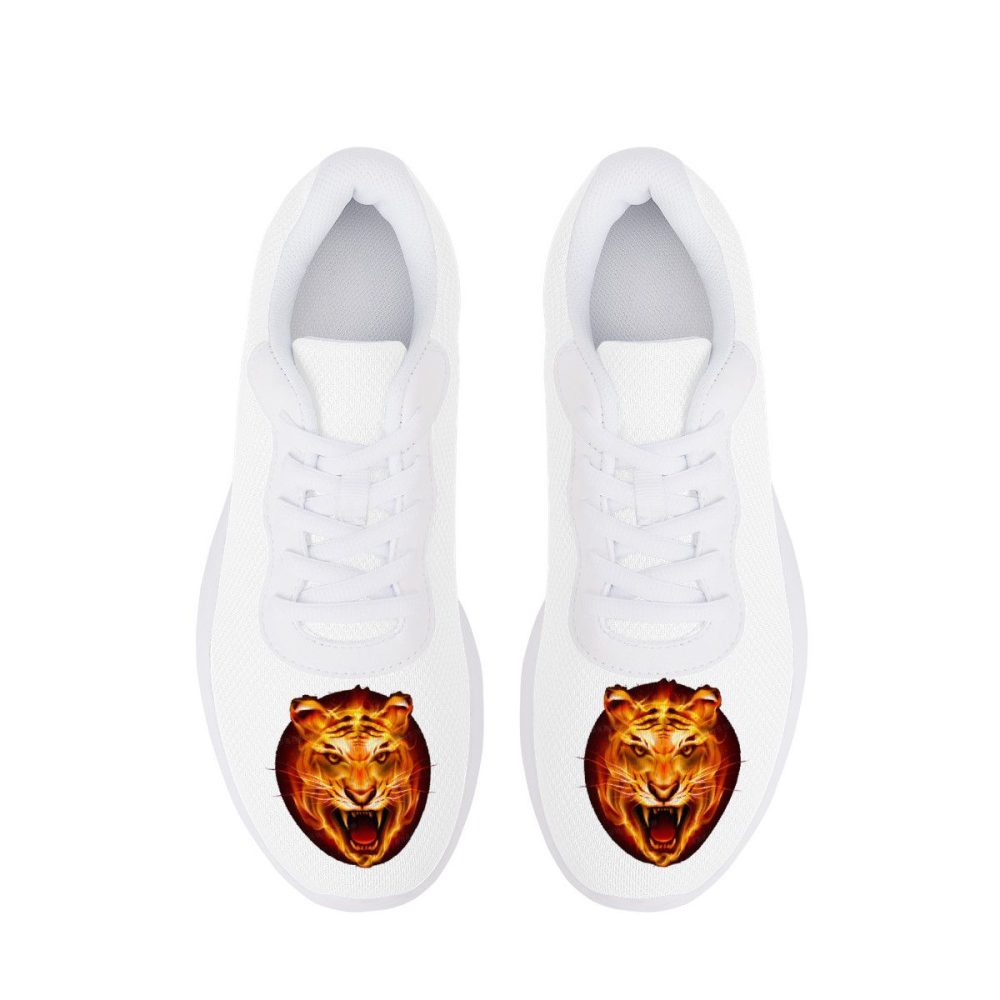 All-White Mesh Sneakers with Fiery Tiger Head Graphics