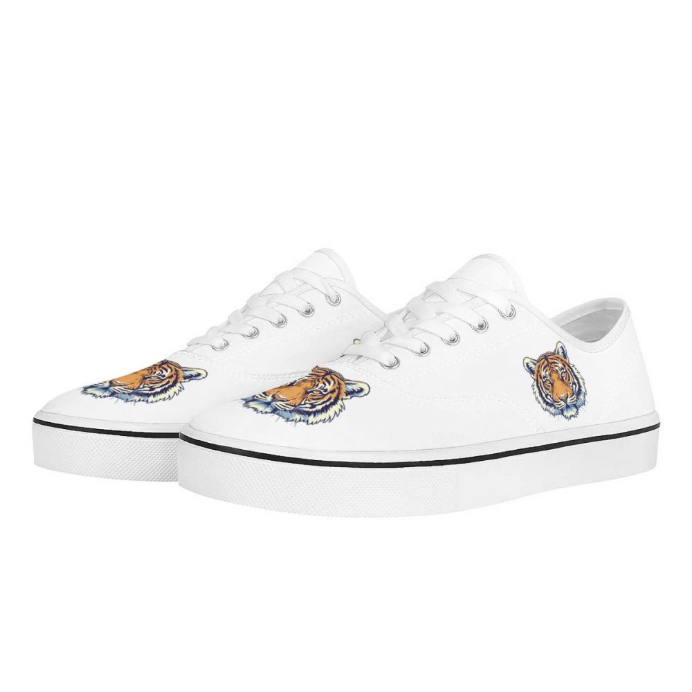 White Canvas Sneakers with Detailed Tiger Head Emblems