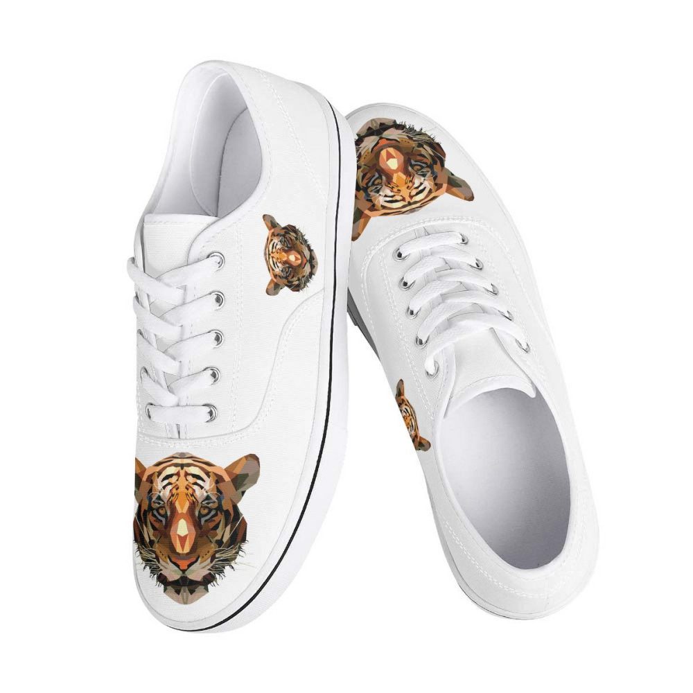 White Canvas Sneakers with Embroidered Tiger Head Motifs