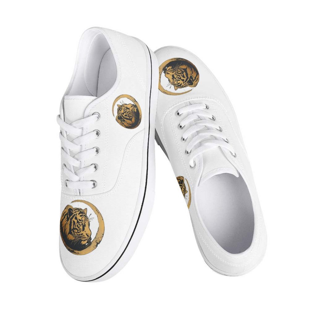 White Canvas Sneakers with Gilded Tiger Crest Motifs