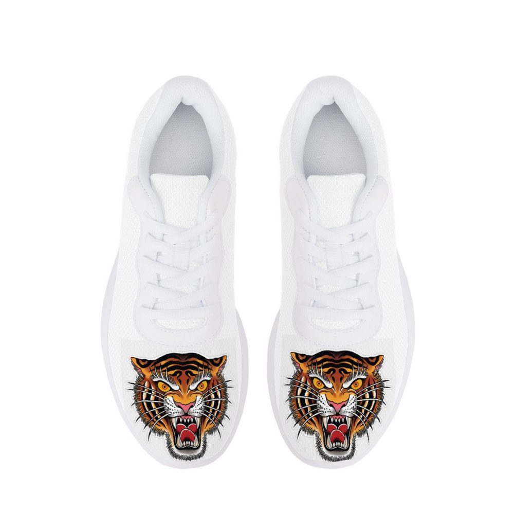 All-White Mesh Sneakers with Vibrant Tiger Head Prints